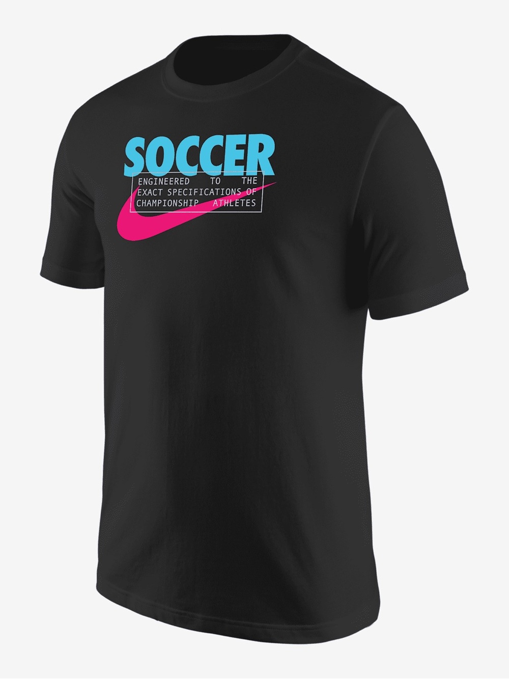 Nike Black Short‑Sleeve Soccer Graphic Tee with Turquoise and Pink Accents